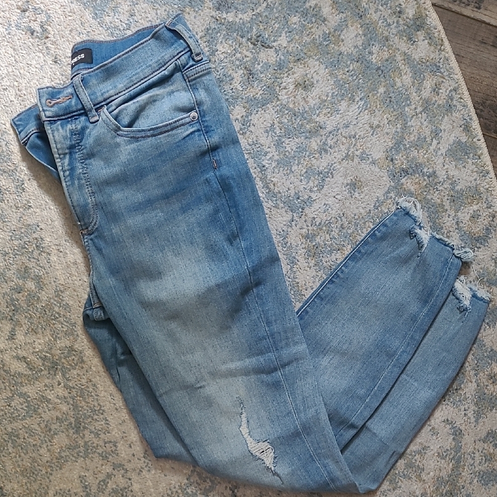 Express Blue Skinny Jeans with Distressed Details